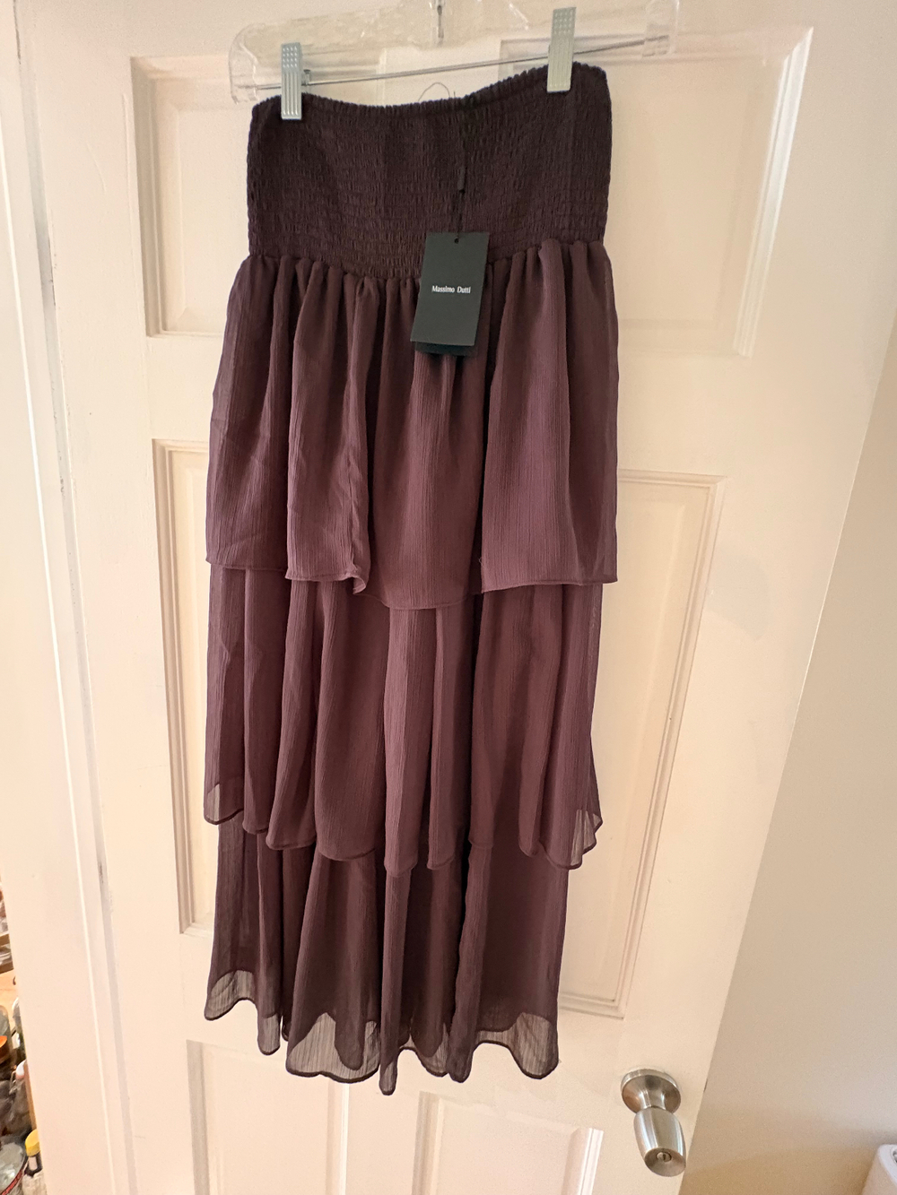Massimo Dutti Brown Tiered Crepe Midi Skirt Smocked Waist XS NWT